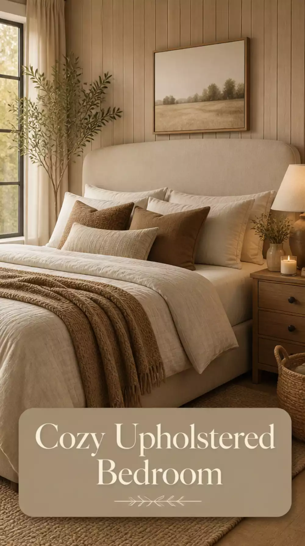 Bedroom Fabric Upholstered Headboard Wall Panel in Warm Oatmeal Linen