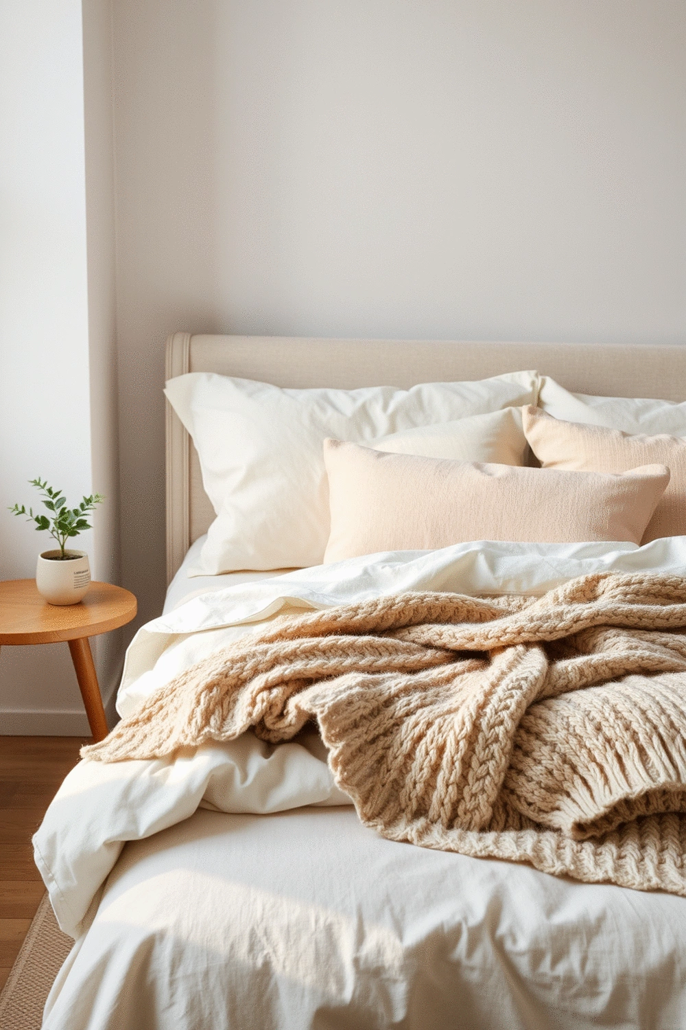 Cozy bedroom interior with layered soft textiles, plush pillows, and a harmonious color scheme