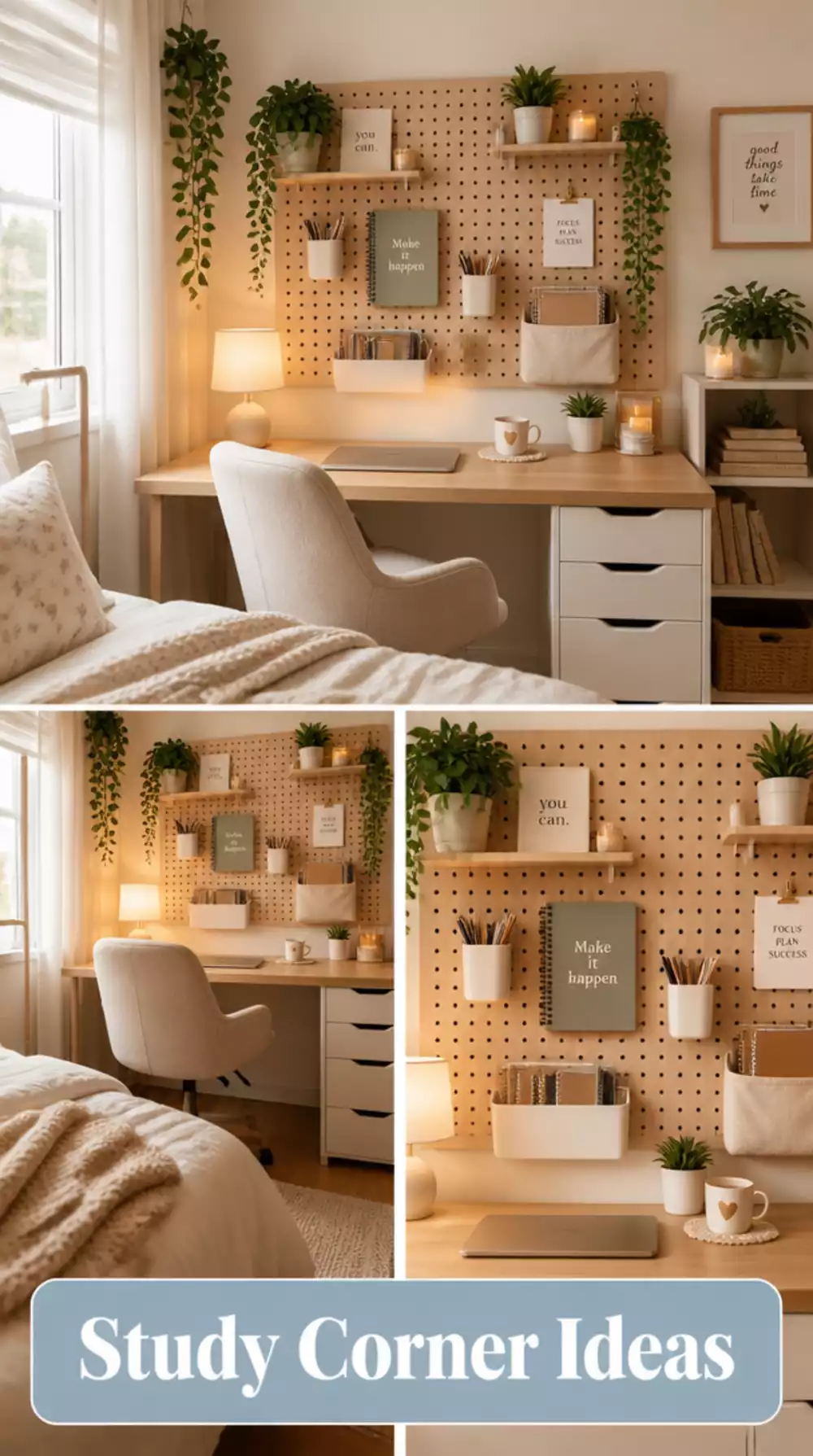 Bedroom Study Desk with a Pegboard Wall Above That Keeps Everything Reachable