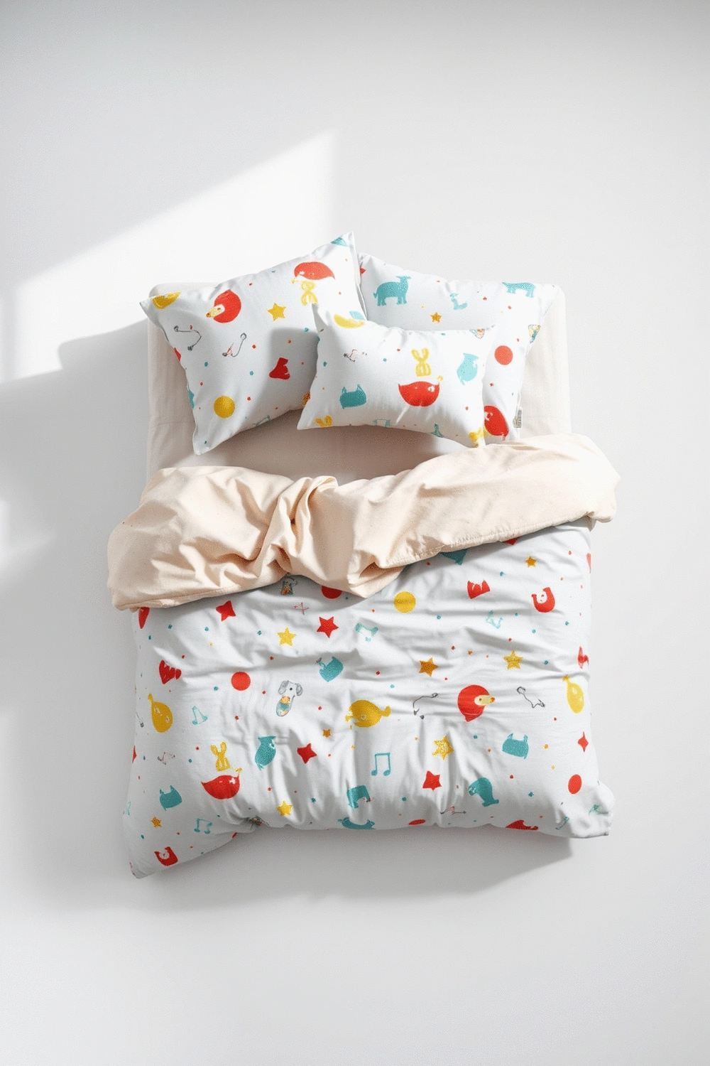 A collection of colorful and playful kids' bedding, including a comforter, duvet cover, and pillowcases with a whimsical pattern like stars or animals, neatly folded on a clean surface.