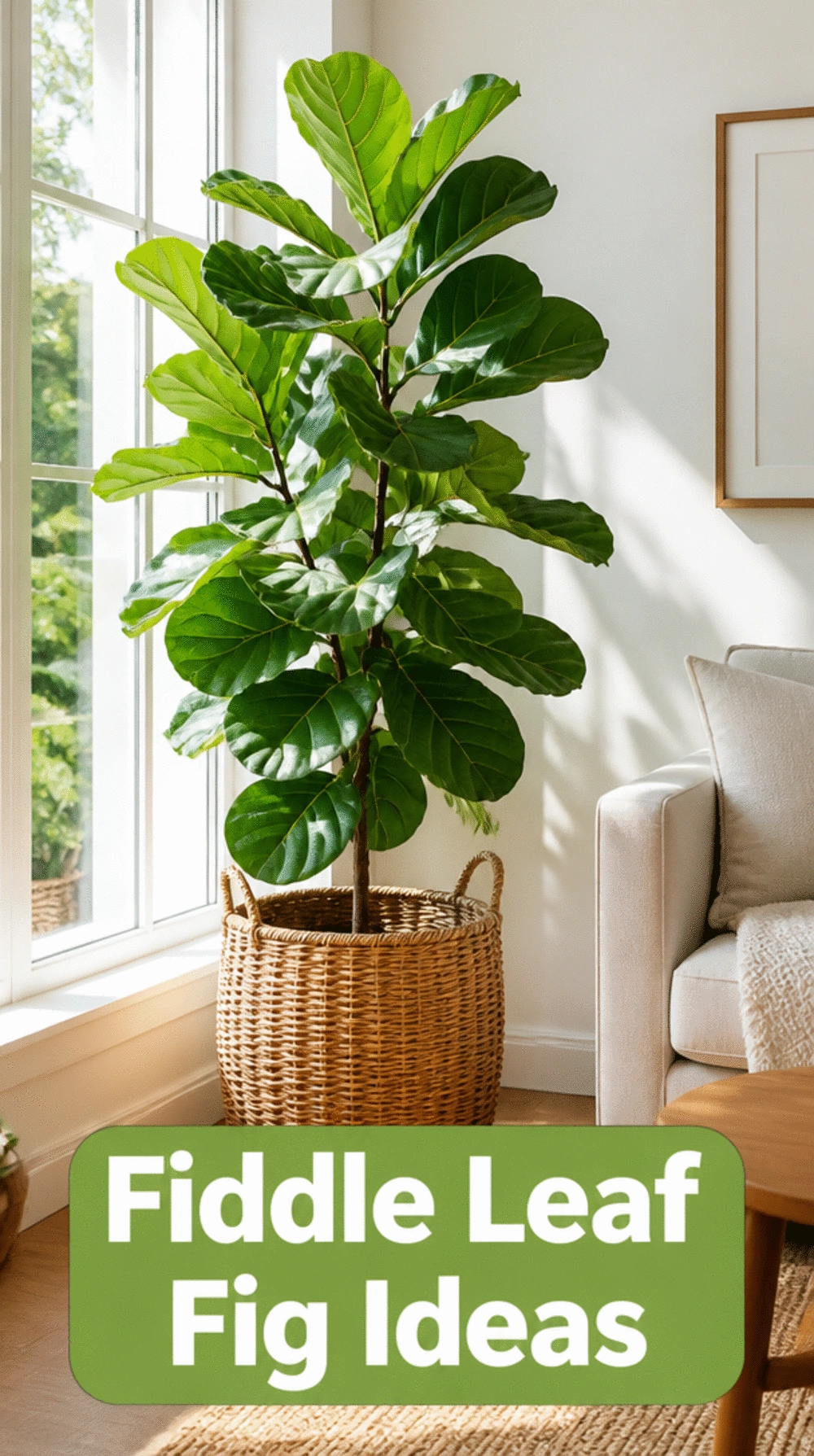 Large Bedroom Fiddle Leaf Fig in a Natural Rattan Basket Planter
