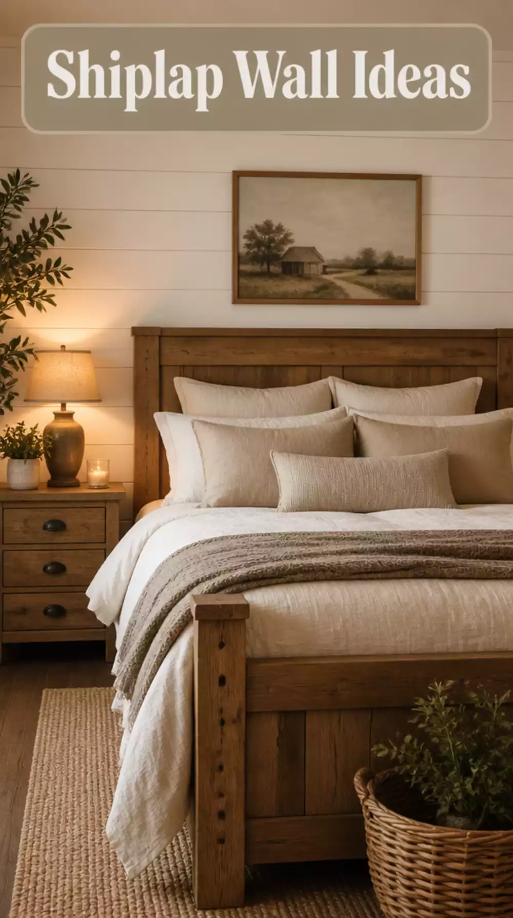 Shiplap Accent Wall for Cozy Farmhouse Bedroom