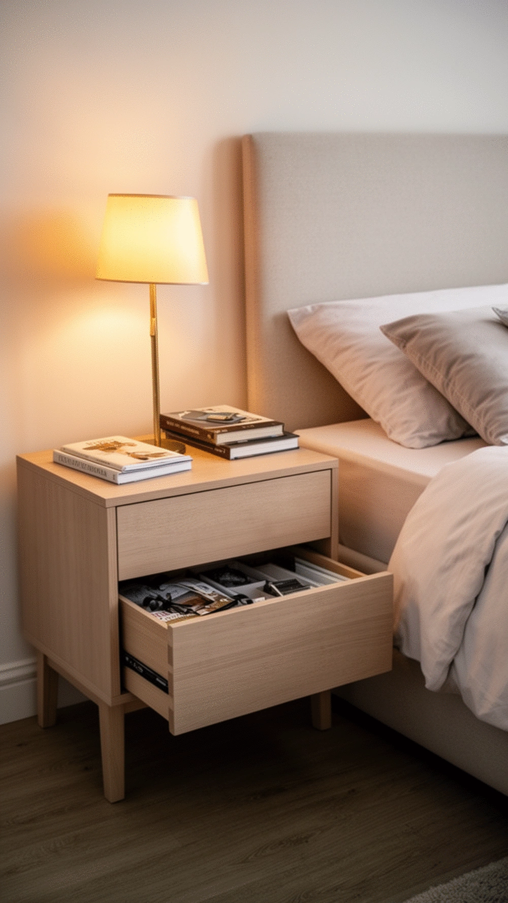 Bedroom Nightstand with a Small Drawer That Keeps Bedside Essentials Hidden