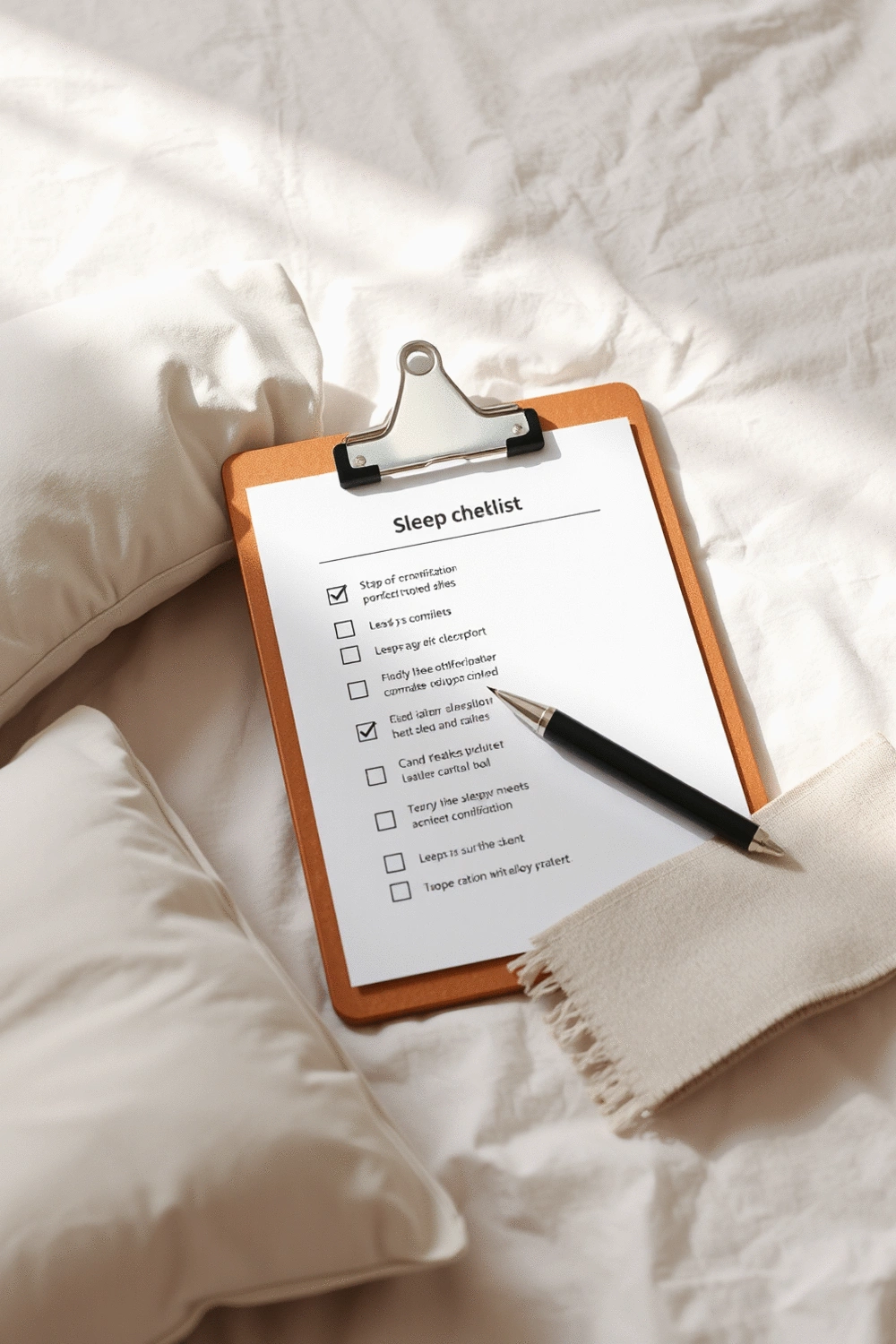 A neatly organized checklist on a clipboard with a pen, next to a variety of sleep-related items like a small pillow and a fabric swatch, symbolizing steps for improving sleep comfort