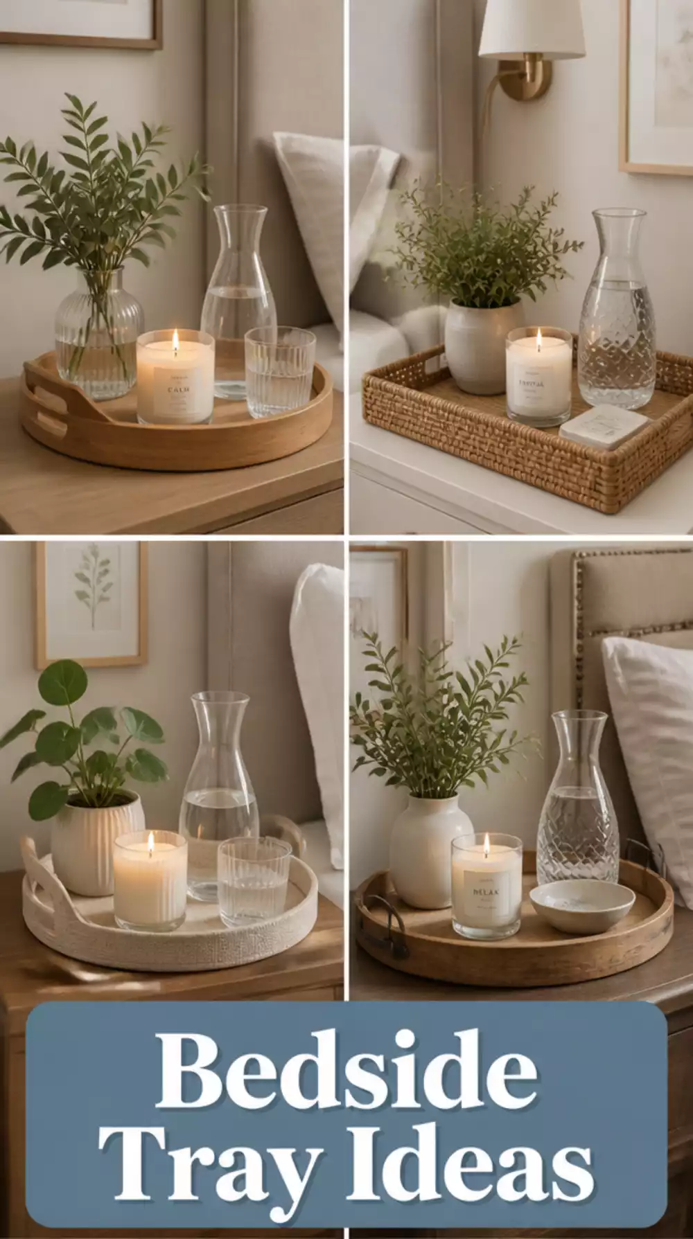 Guest Bedroom Bedside Tray Styled with a Candle, Water Carafe, and Small Plant