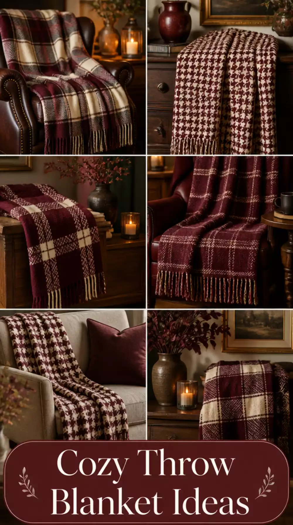 Dark Academia Bedroom Plaid or Houndstooth Throw Blanket in Warm Burgundy