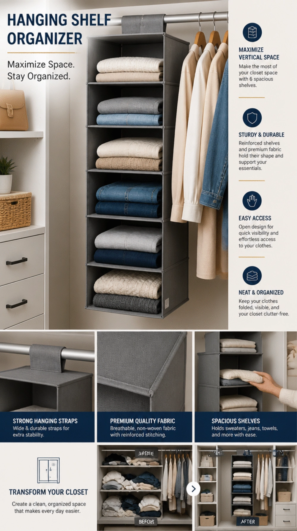 Bedroom Closet Hanging Shelf Organiser That Adds Extra Folded Storage Below