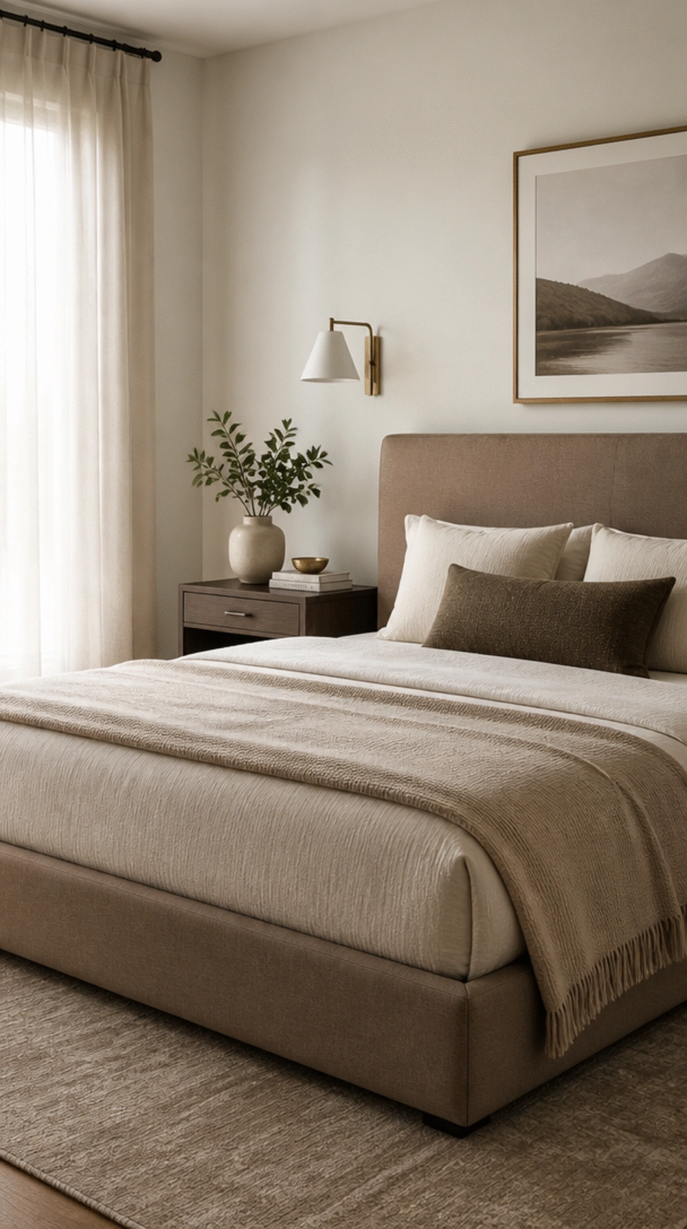 Modern Bedroom Upholstered Platform Bed in Warm Taupe Linen