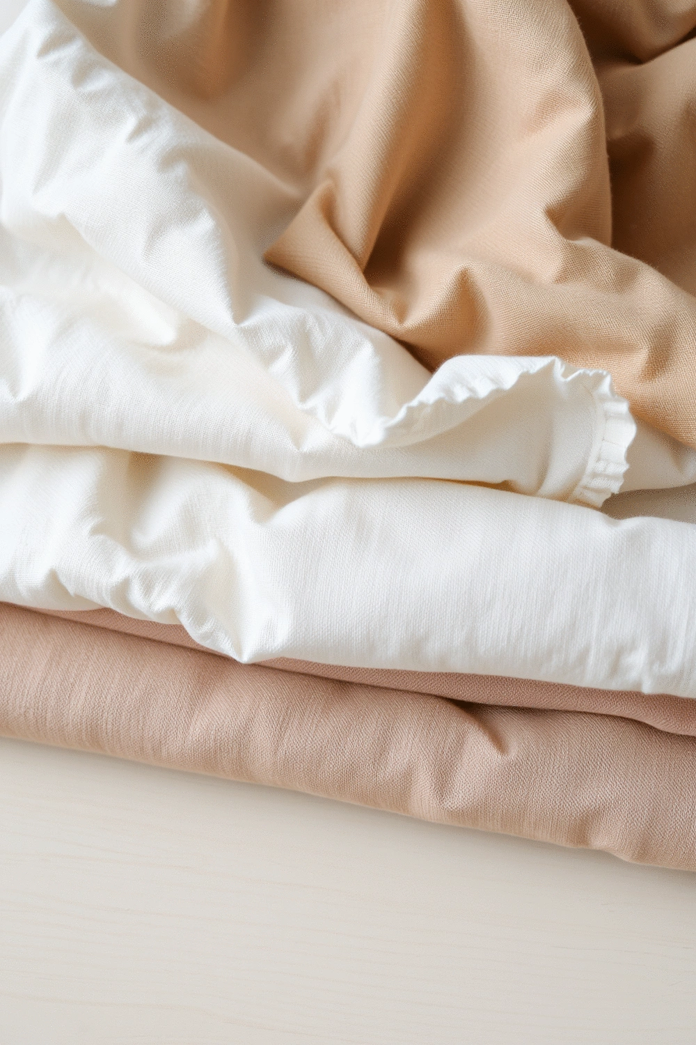 Close-up of various bedding fabric swatches in soft, neutral colors, showcasing different textures like cotton, linen, and bamboo, arranged neatly on a light wooden surface.