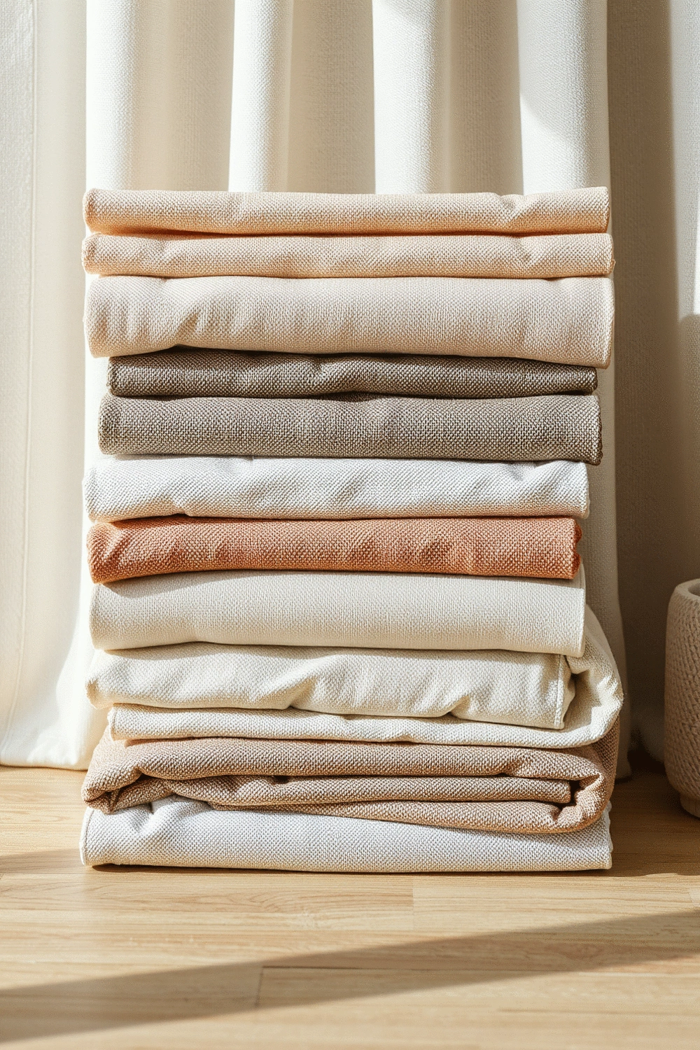 A stack of folded privacy curtains in various neutral tones, showcasing different textures and weaves, on a clean wooden surface.