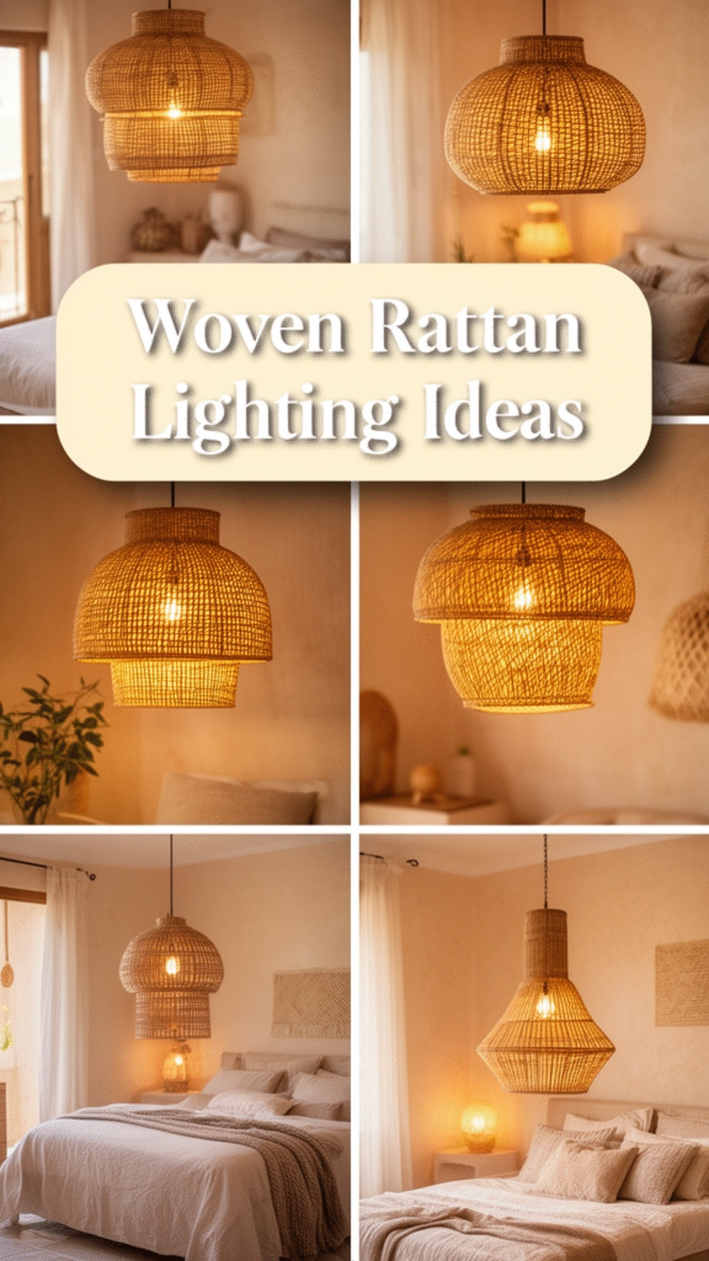 Mediterranean Bedroom Woven Rattan Pendant Light with a Warm Amber Glow