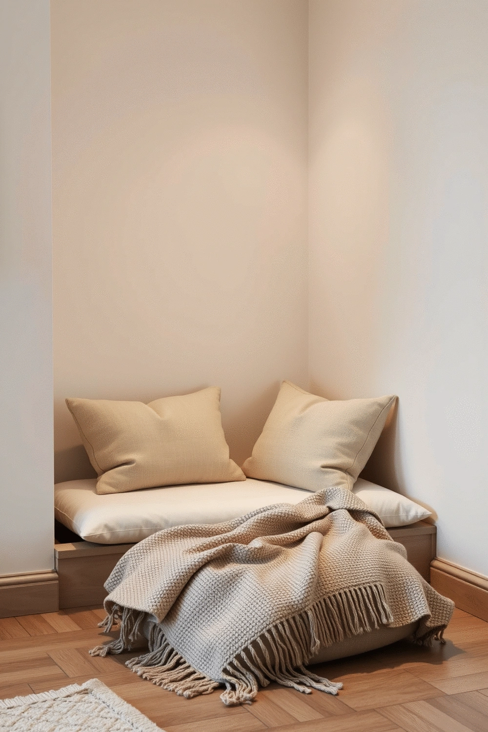 Cozy meditation nook with soft pillows, a throw blanket, and ambient lighting in a bedroom corner, no humans, no people, no hands, no body parts
