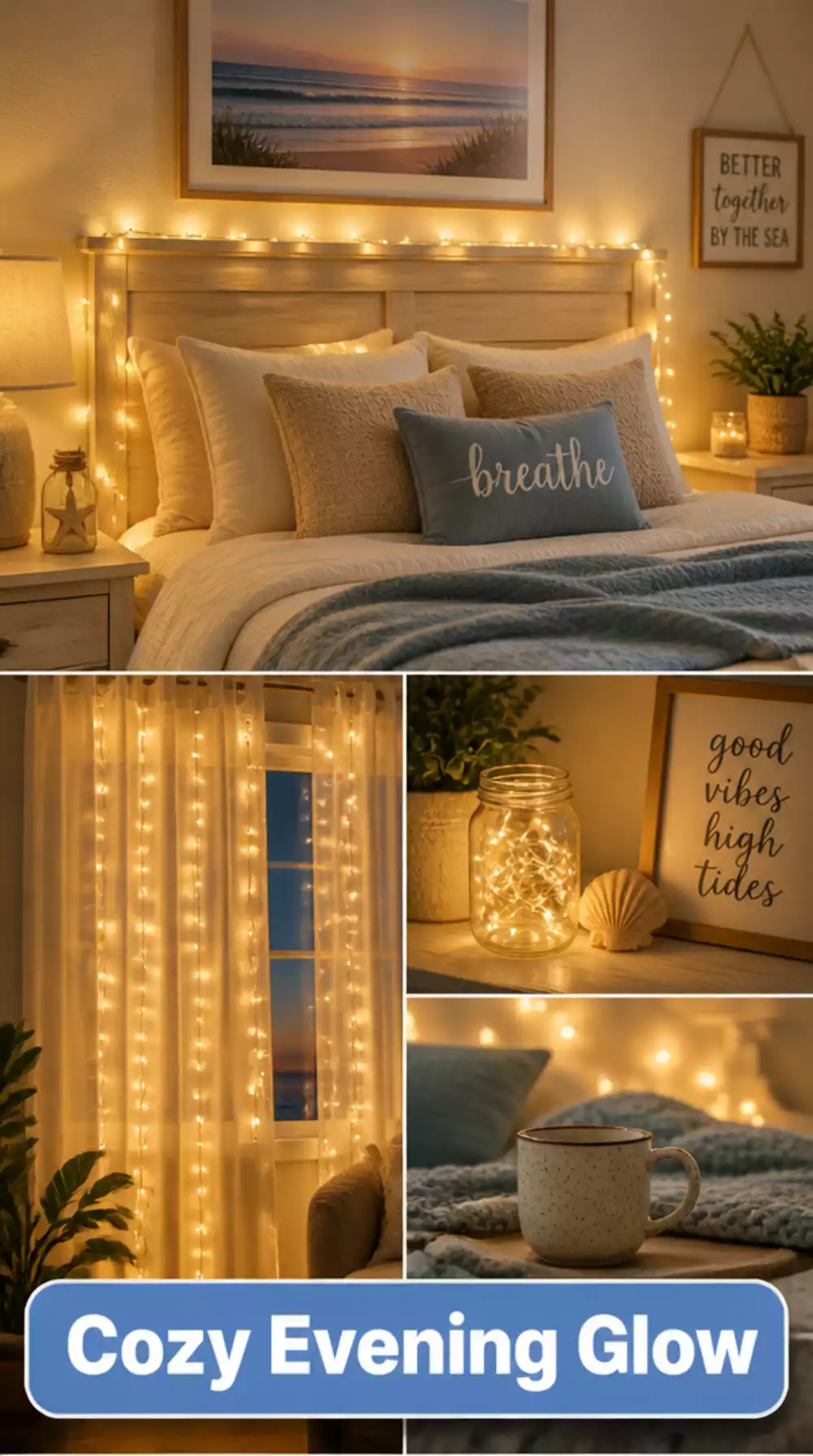 Bedroom String Lights in Warm White That Give a Coastal Evening Glow