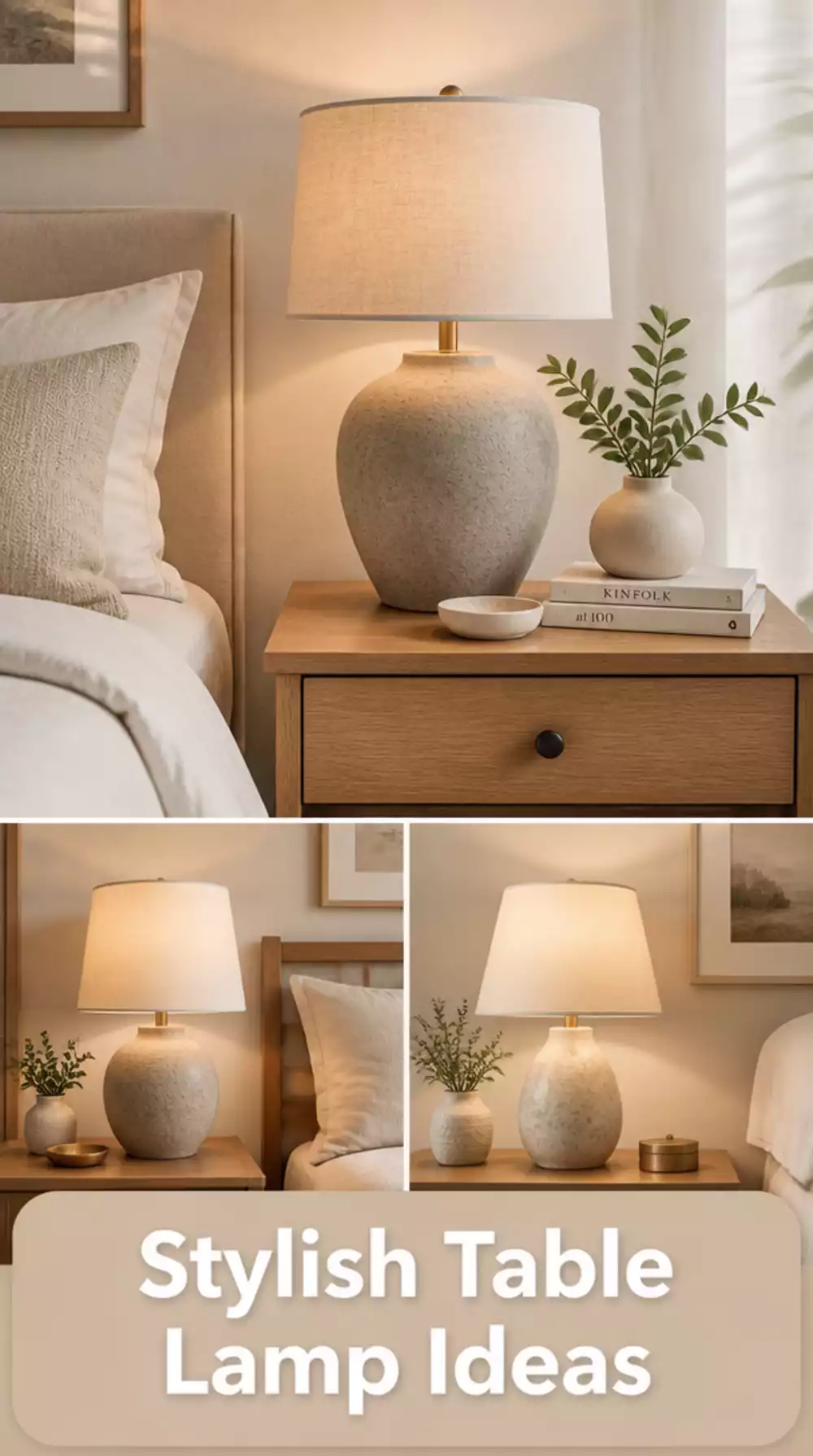 Bedroom Travertine or Stone Table Lamp Base on a Warm Wooden Nightstand