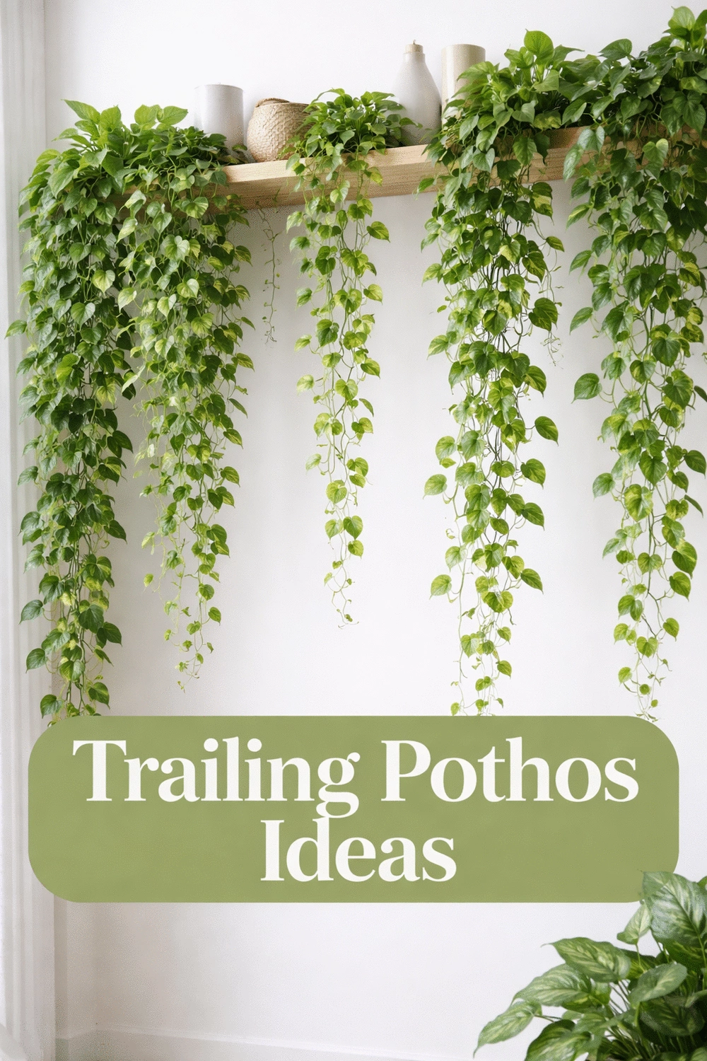 Bedroom Trailing Pothos Draped from a High Shelf Across an Entire Wall