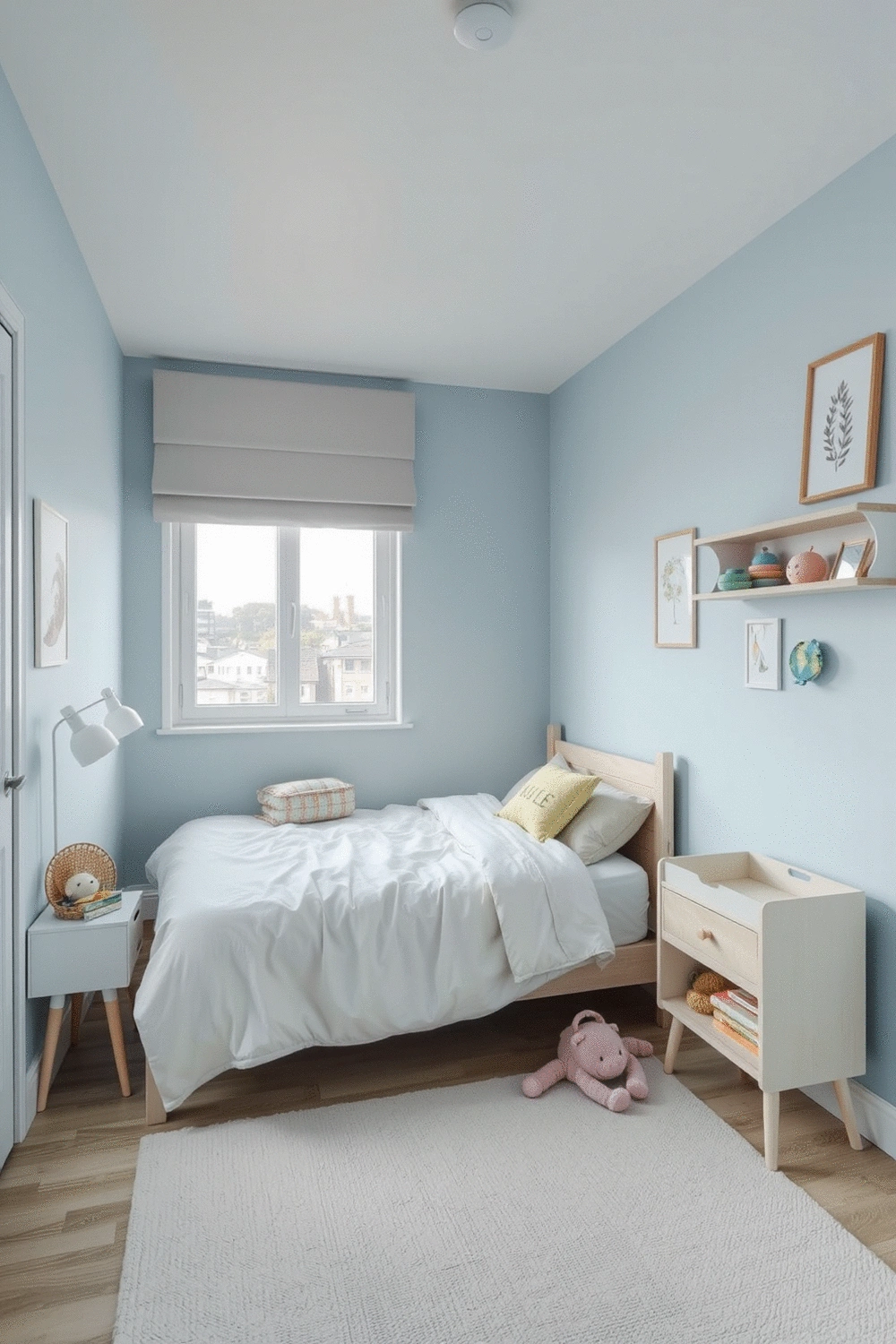 A beautifully organized child's bedroom with a neatly made bed, soft blue walls, and a small, uncluttered play area. The room features natural light, minimalist decor, and a serene atmosphere designed for restful sleep and imaginative play.