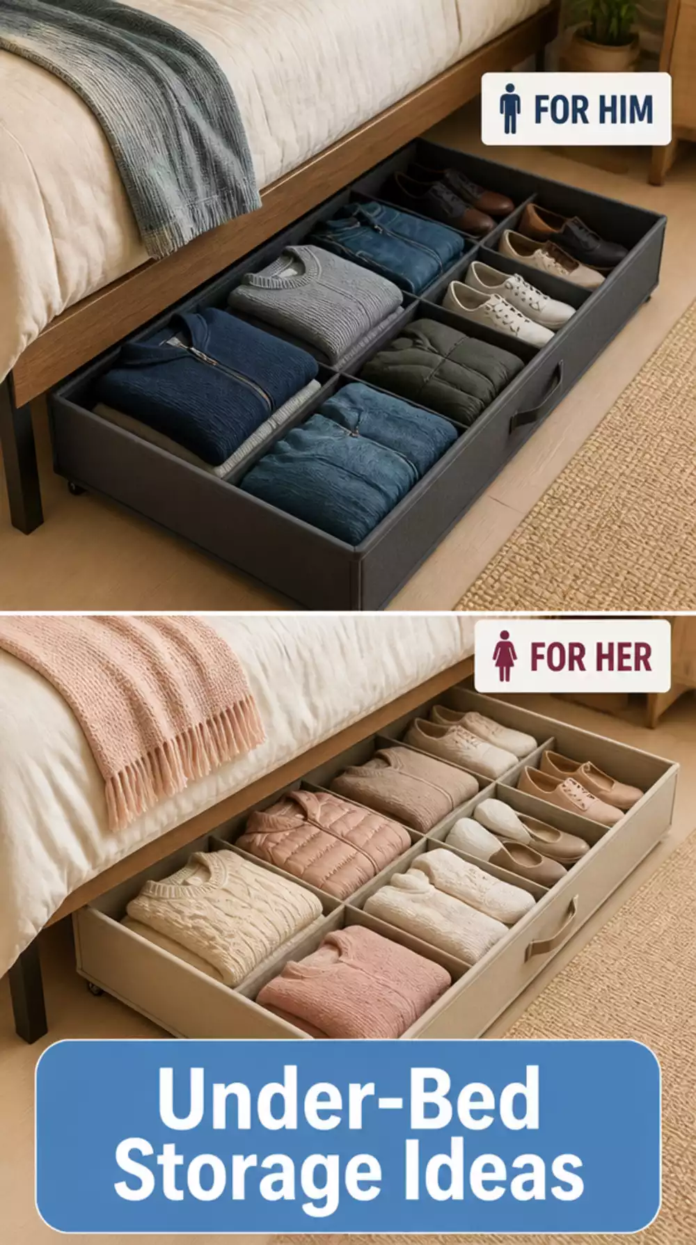 Bedroom Couple's Under-Bed Storage System with One Side per Person