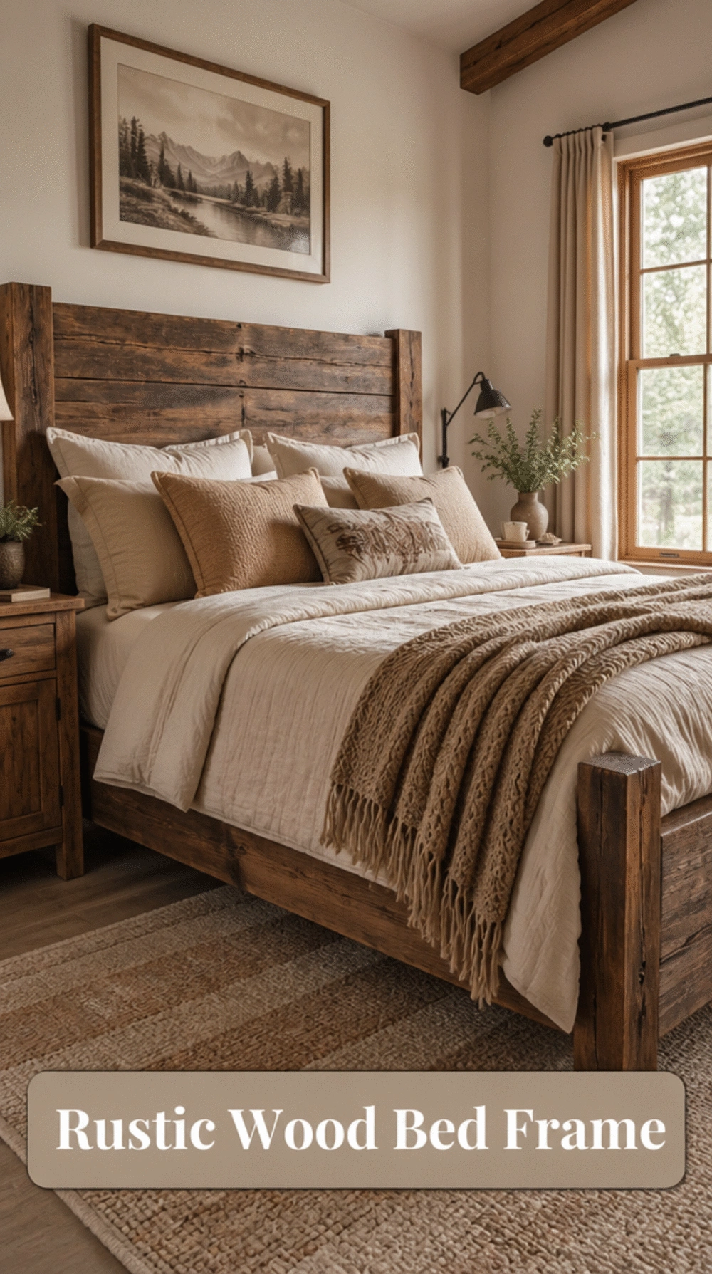 Rustic Bedroom Solid Wood Bed Frame with a Rough-Hewn Headboard
