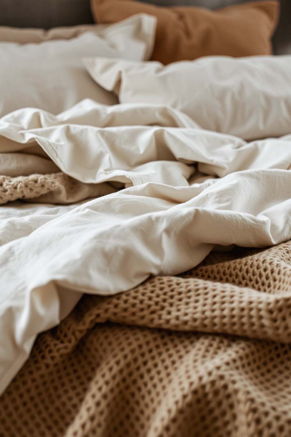 Close-up of luxurious layered bedding on a guest bed, featuring soft textures and a cohesive color palette, no humans.