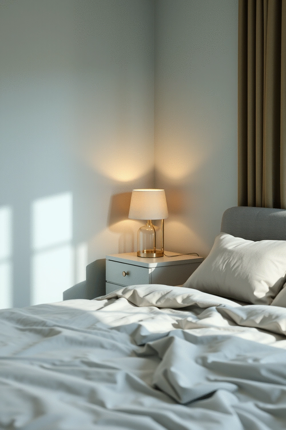 Bedroom interior with soft blue and muted green color palette, warm bedside lamp on a nightstand, and ergonomic bed frame.