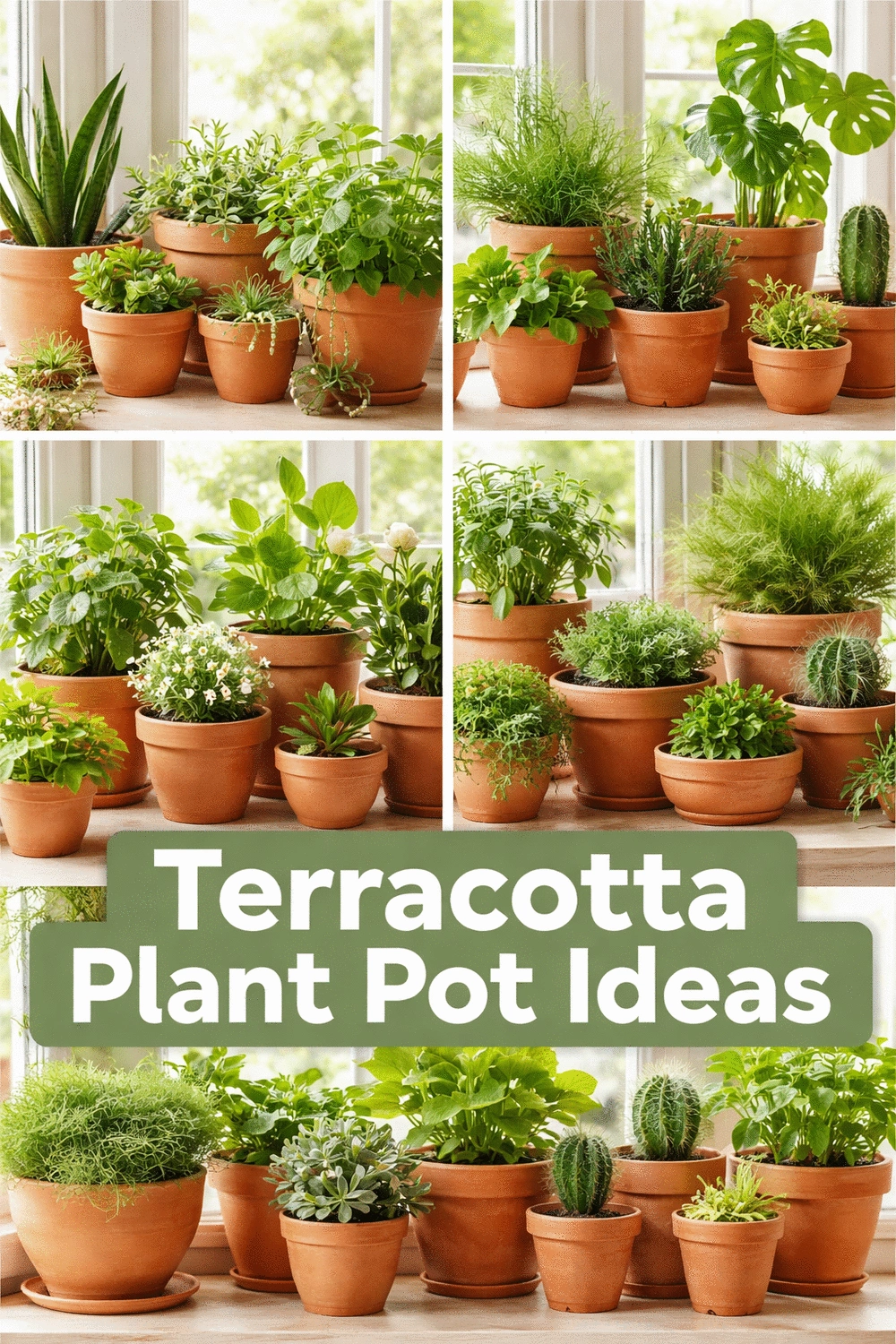 Bedroom Window Sill Dense Plant Row in Terracotta Pots of Different Sizes