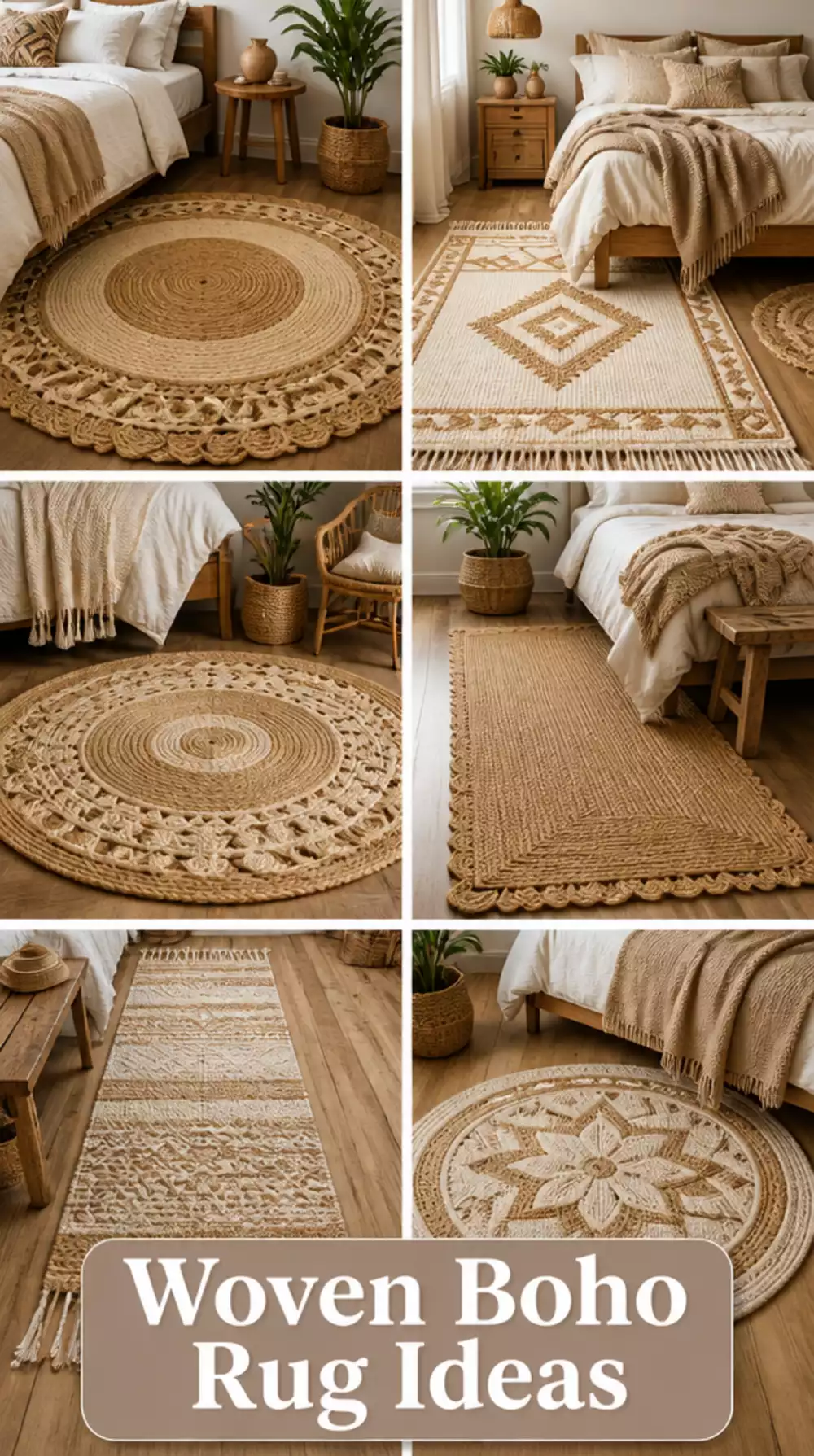 Woven Boho Bedroom Rug in Warm Ivory and Natural Jute