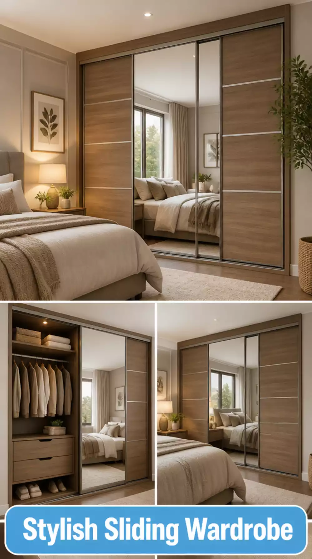 Bedroom Sliding Wardrobe with Warm Wood Finish and Mirrored Door