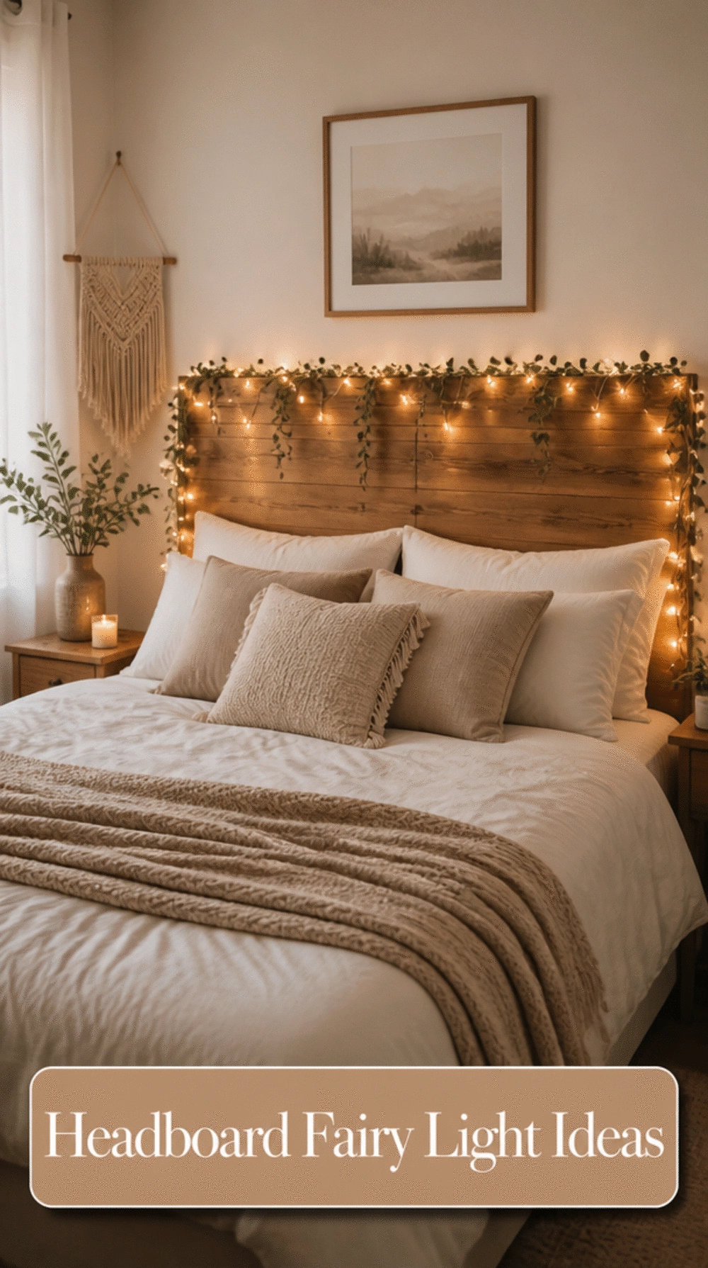 Bedroom Fairy Lights Wound Around a Wooden Headboard Edge