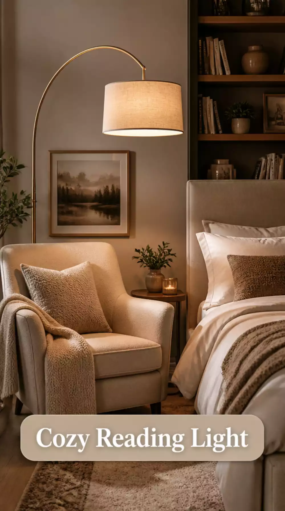 Bedroom Arc Floor Lamp That Reaches Over the Bed for a Warm Reading Light