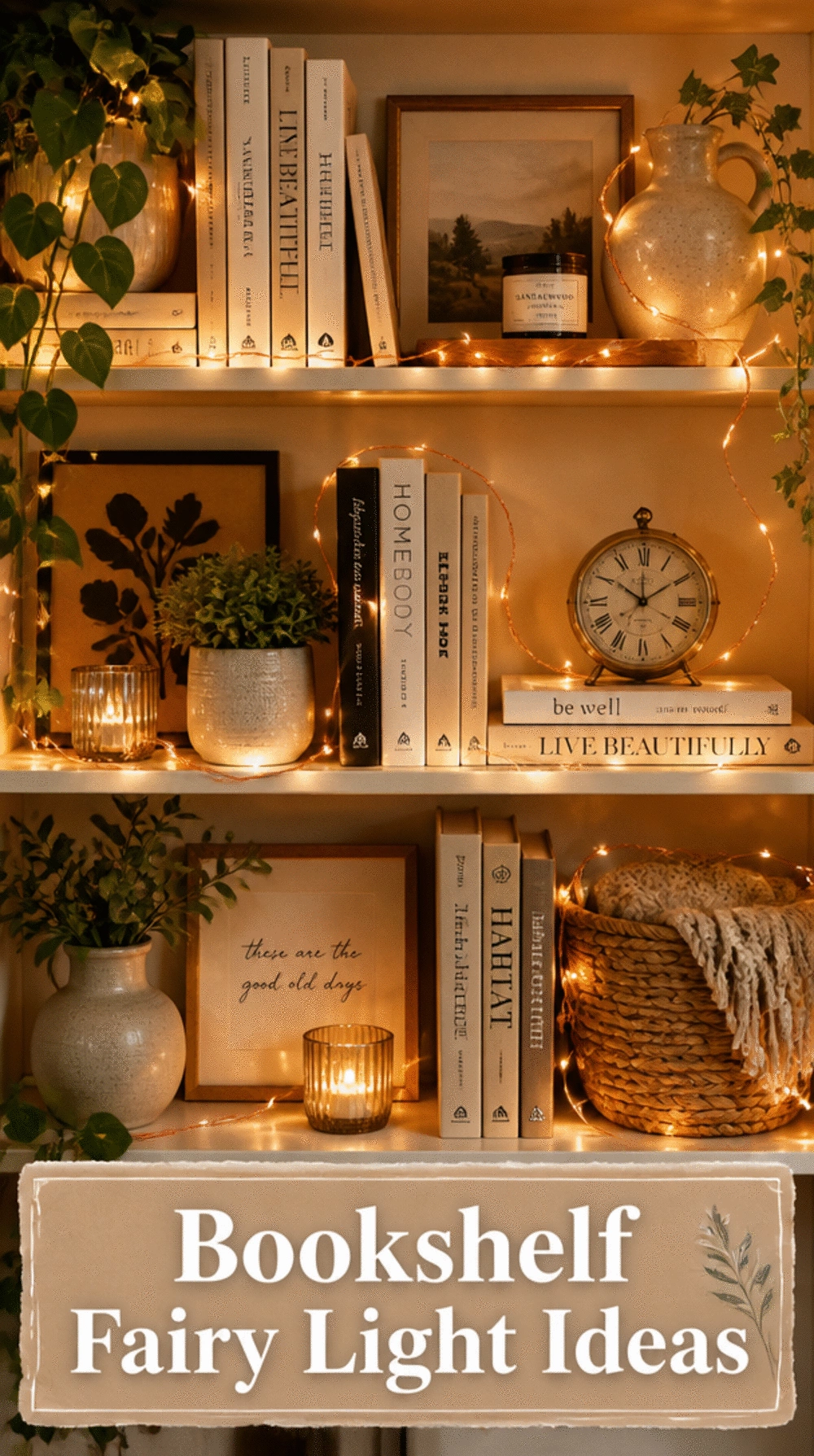 Copper Wire Fairy Lights Twisted Through a Bedroom Bookshelf Display
