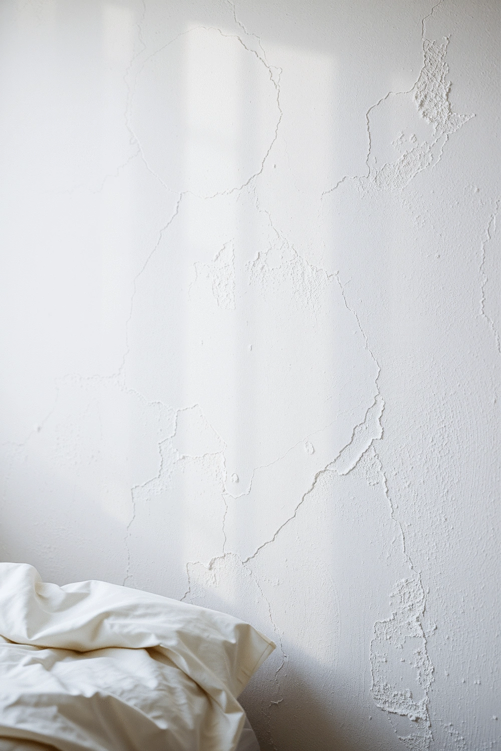 Close-up of a limewash textured wall in a bedroom setting, with soft, diffused natural light highlighting its subtle variations.