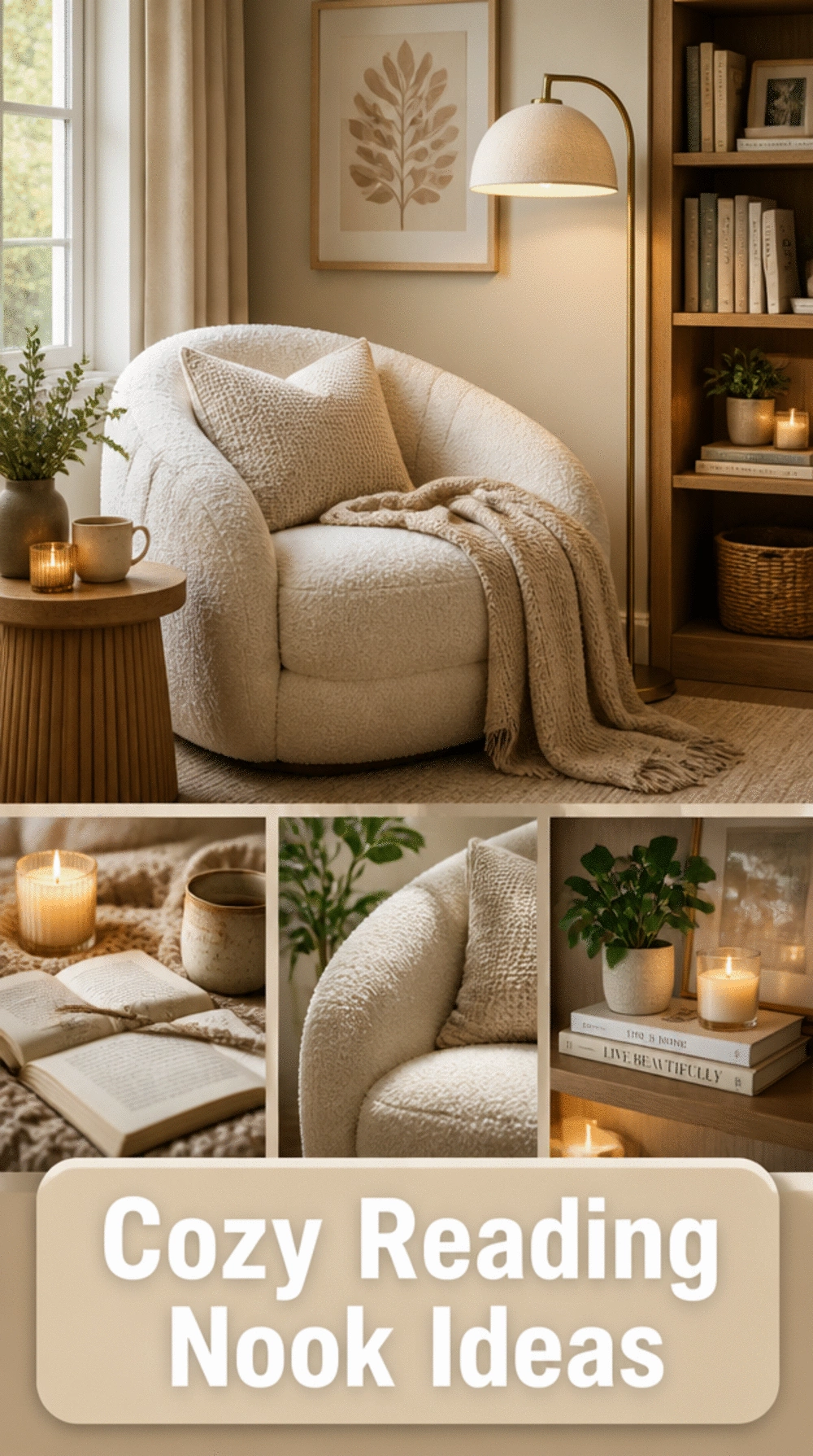 Bedroom Accent Chair in Cream Boucle Beside a Floor Lamp