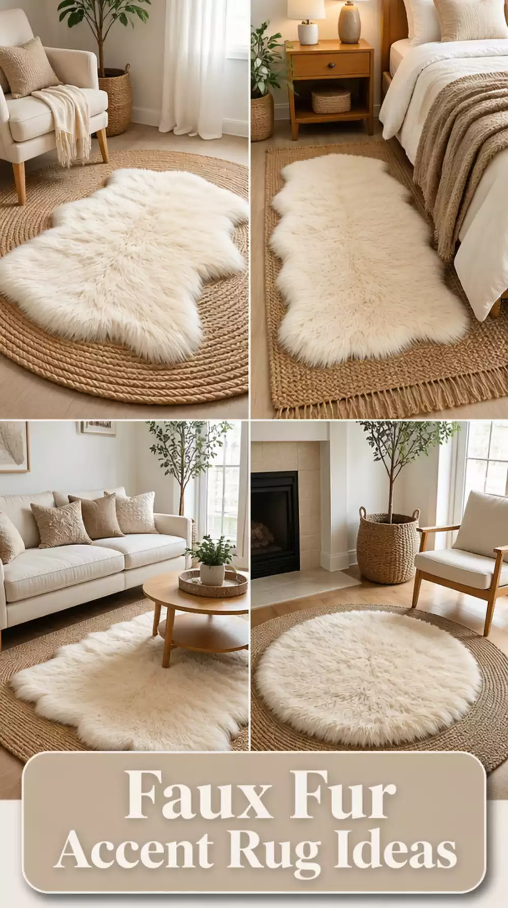 Bedroom Faux Fur Accent Rug in Warm White Layered Over a Flat Jute Base