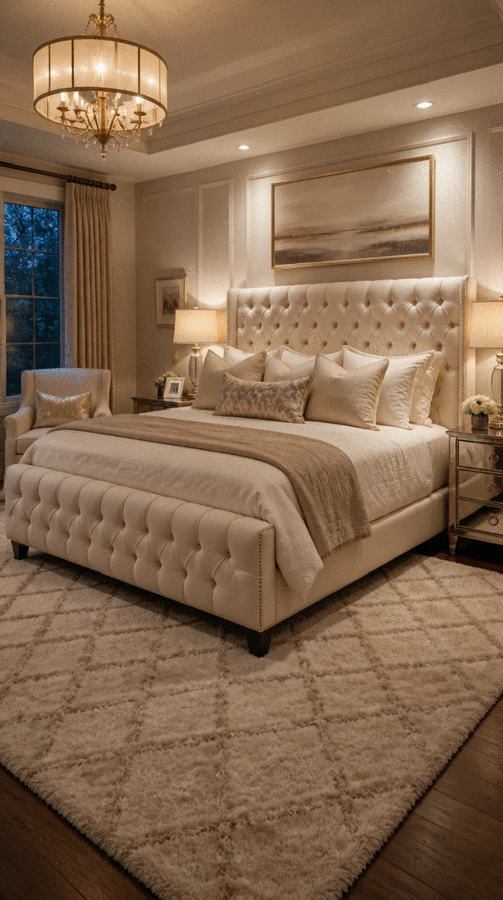 Luxury Bedroom Tufted Upholstered Bed Frame in Warm Ivory or Champagne