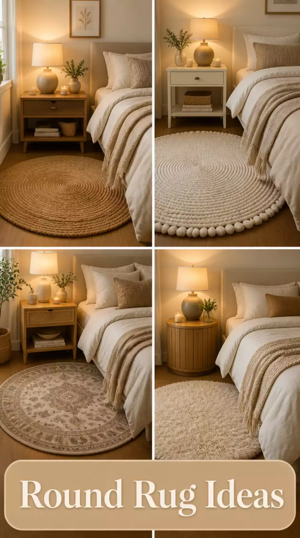 Bedroom Natural Fibre Round Rug That Fits Neatly Under a Single Bedside Area