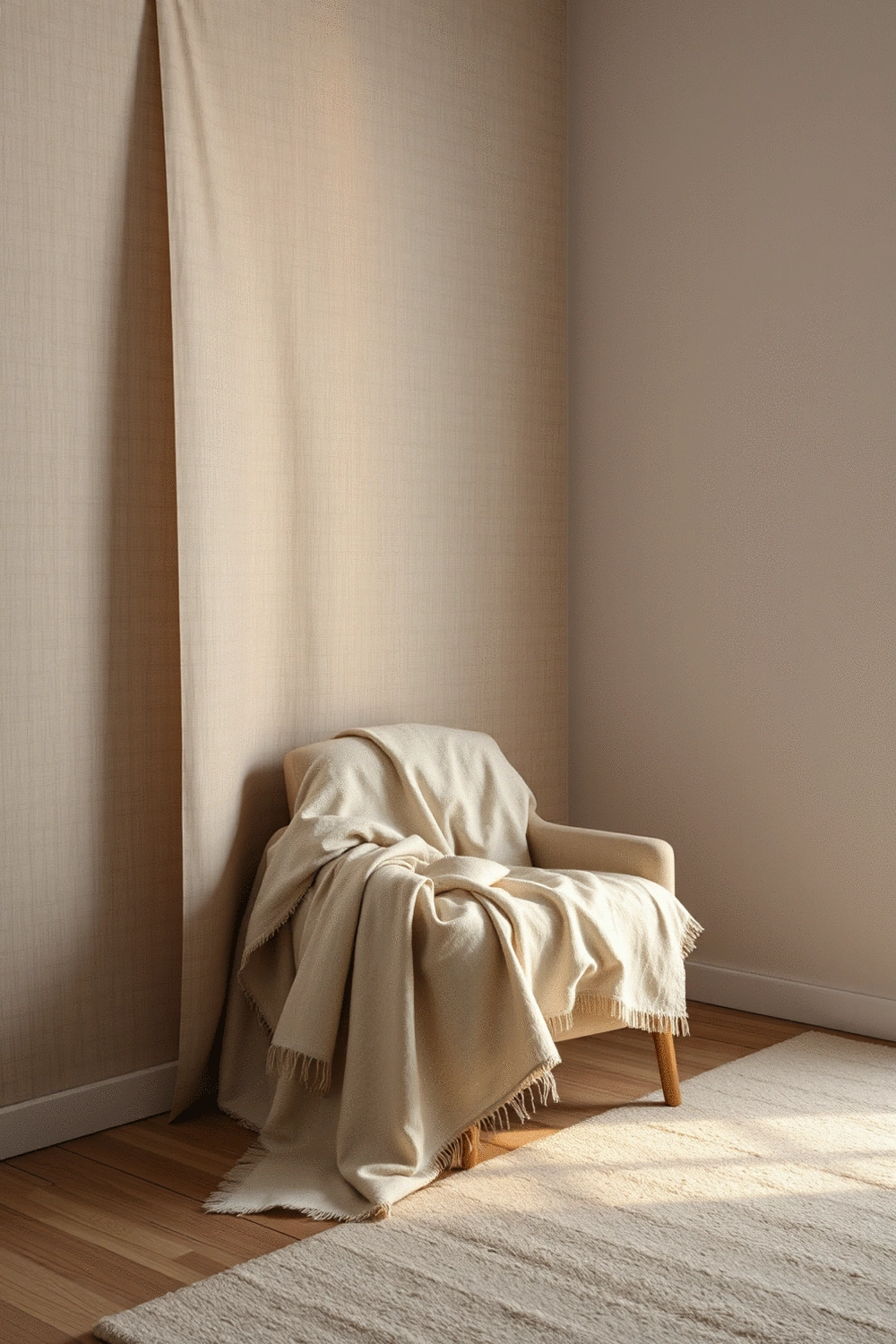 A serene bedroom corner with a removable fabric wall in a subtle pattern, illuminated by soft ambient lighting, showcasing a cozy throw blanket over a chair.