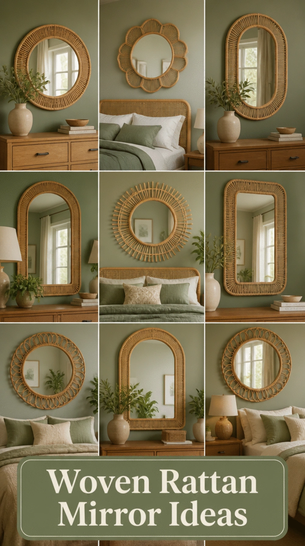 Sage Green Bedroom Woven Rattan Mirror That Ties the Earthy Palette Together