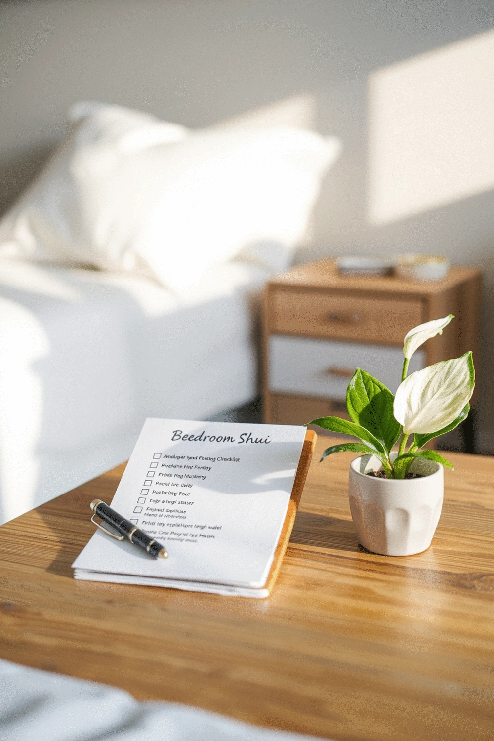 A serene bedroom showing a checklist on a bedside table, next to a diffuser and a small plant, conveying a personalized Feng Shui strategy.