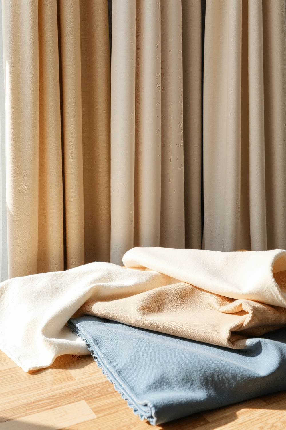 Variety of curtain fabric swatches, including blackout, sheer, thermal, and noise-reducing materials, neatly arranged on a table.