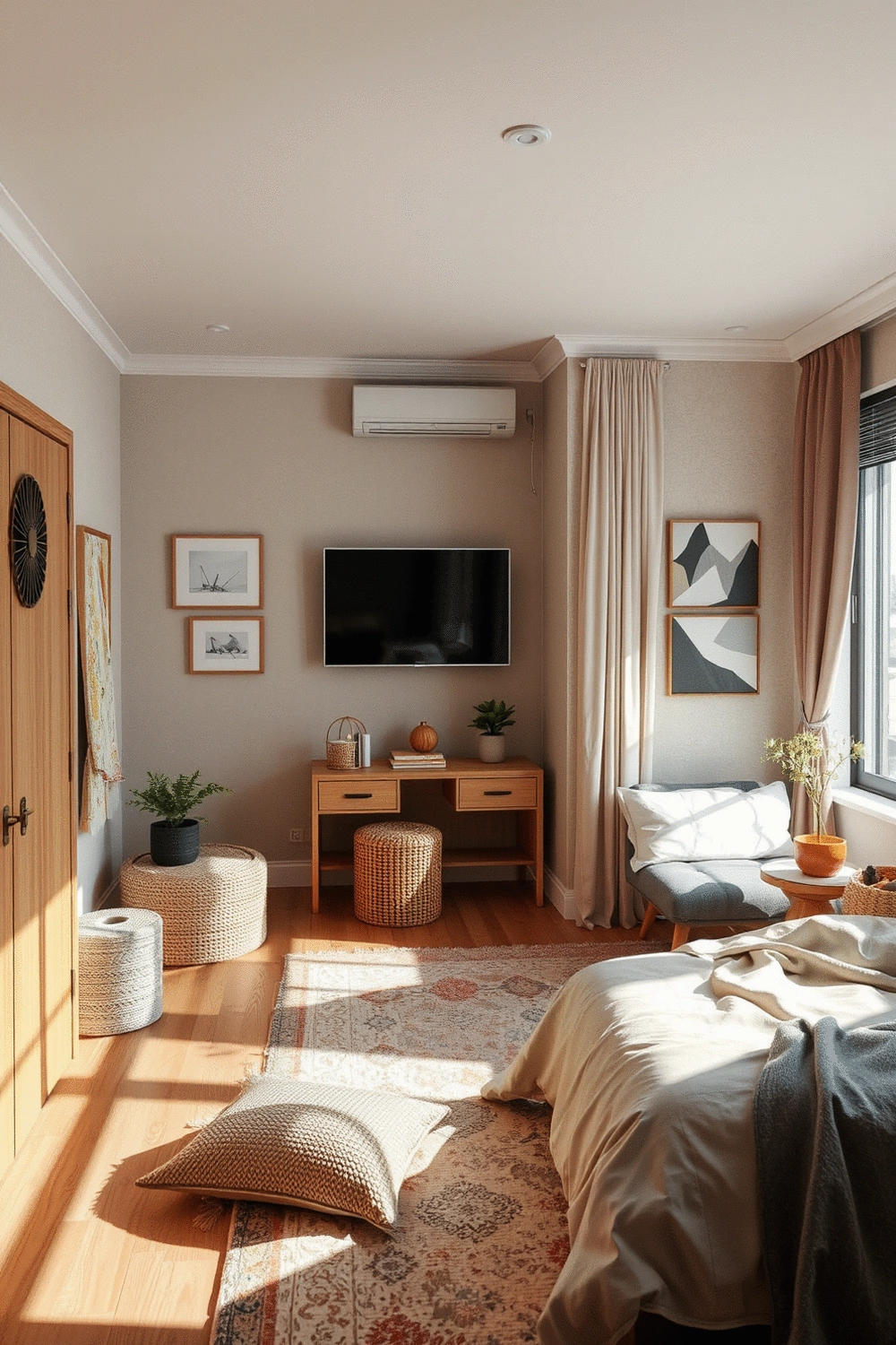 Bedroom interior with various textures, decorative accents, and a personalized layout, showcasing a unique and comforting space.