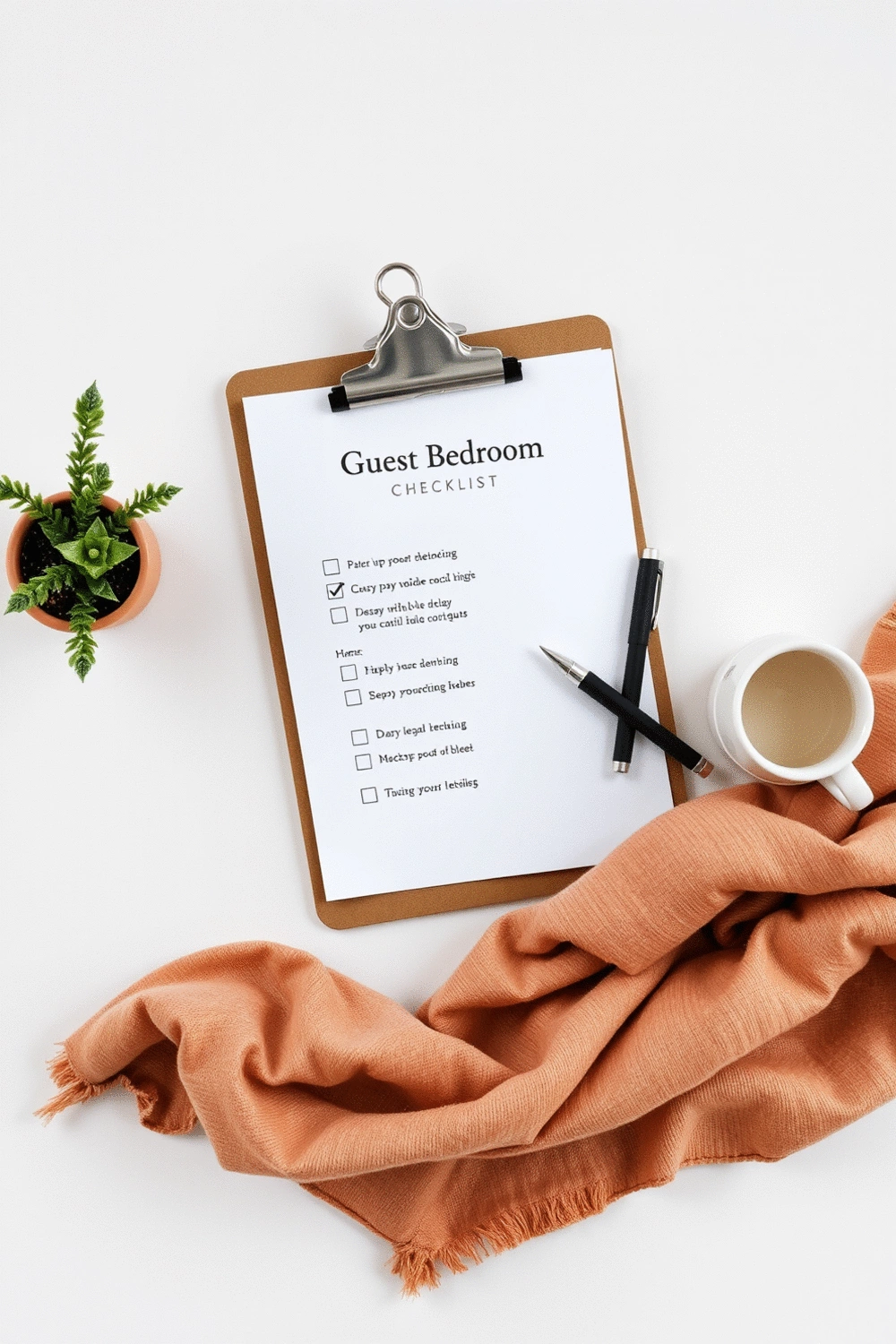 Flat lay of a guest bedroom checklist with a pen, surrounded by cozy elements like a small plant and a warm beverage, no humans.