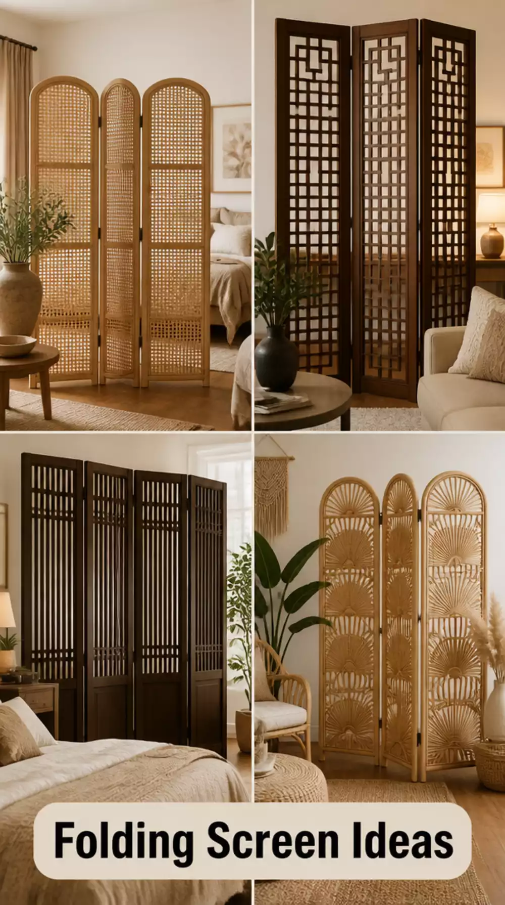 Bedroom Folding Screen Room Divider in Natural Rattan or Dark Wood