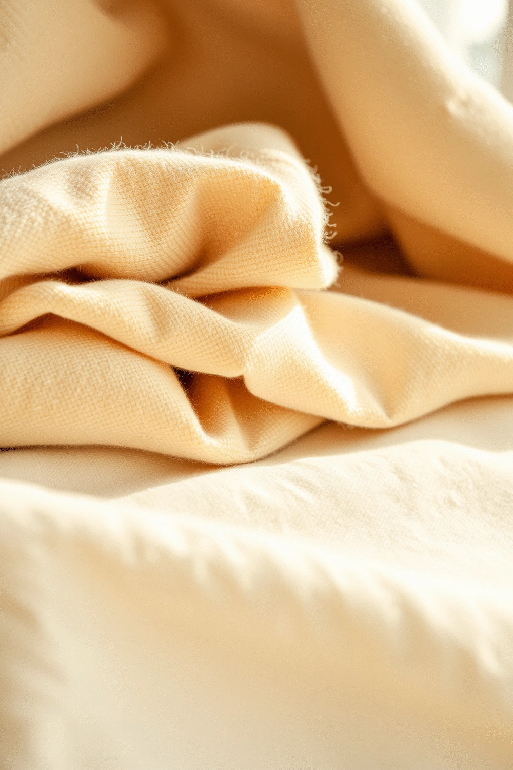 Soft, breathable cotton and bamboo fabric swatches with a cozy blanket, folded neatly, in warm, inviting natural light.