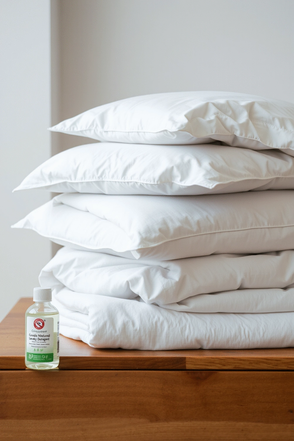 A neatly folded stack of clean, freshly laundered bedding, including a duvet cover, sheets, and pillowcases, on a wooden surface, with a small bottle of gentle laundry detergent beside it. The scene emphasizes cleanliness and care.