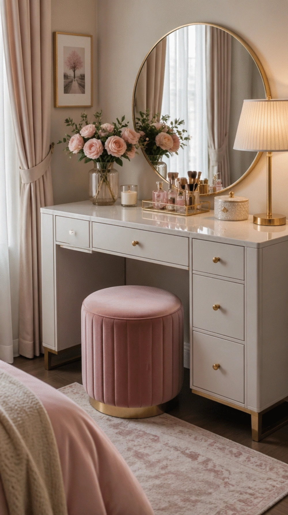 Small Bedroom Vanity Stool in Velvet That Tucks Away Under the Table