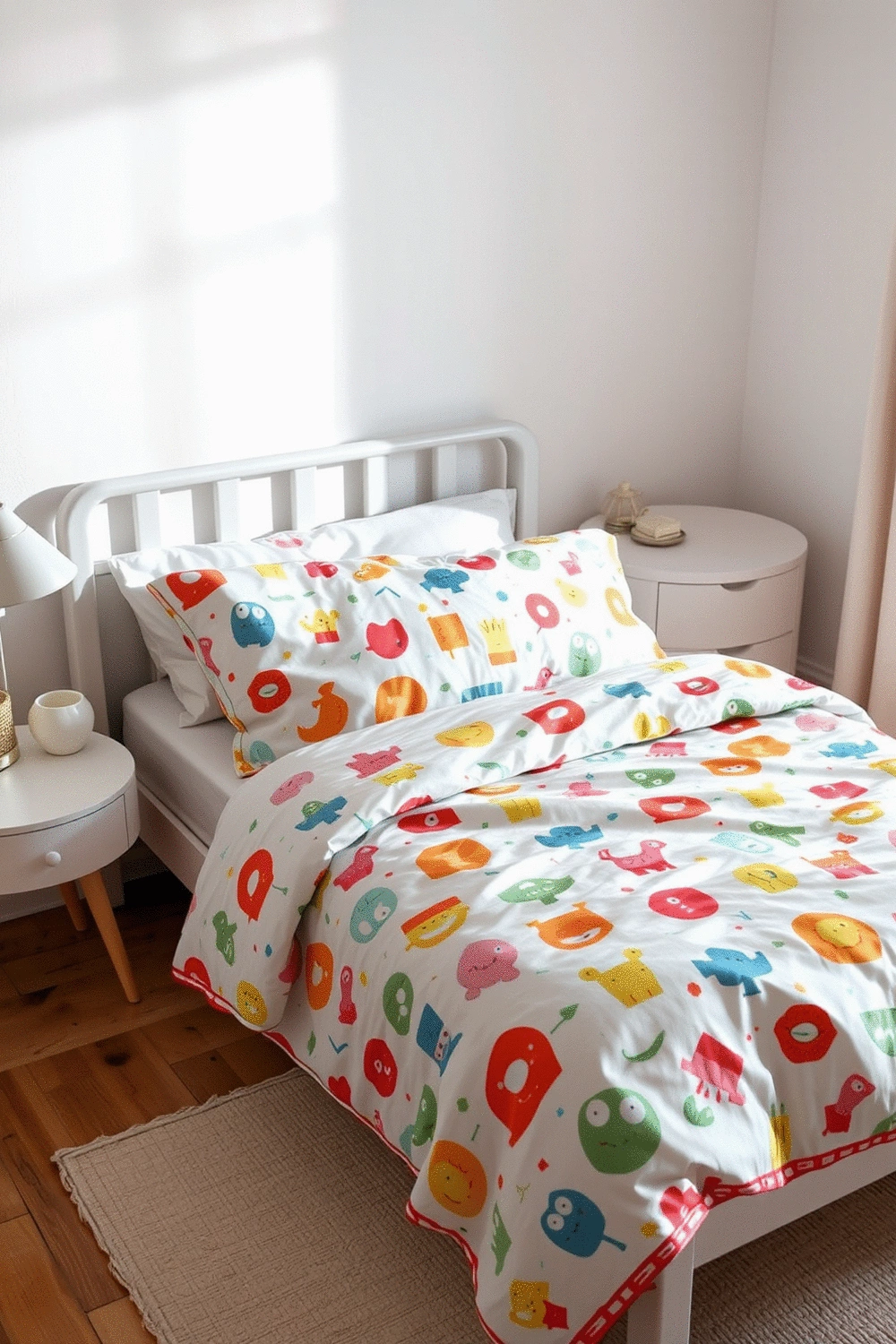 A neatly made child's bed with playful, colorful bedding featuring a whimsical pattern, surrounded by a minimalist, clean bedroom setting, showcasing comfort and fun design.