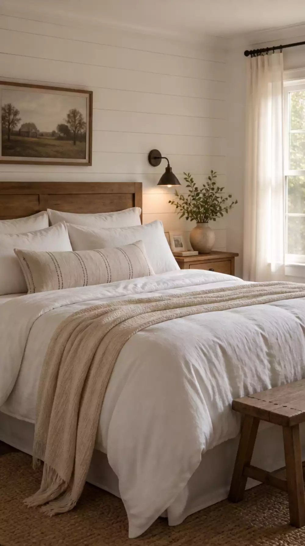 Farmhouse Bedroom White Shiplap Wall That Covers the Entire Headboard Side