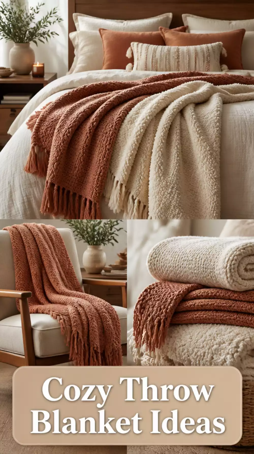 Boho Bedroom Layered Throw Blankets in Terracotta and Cream Tones