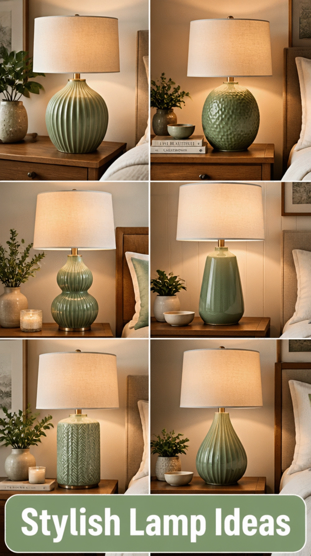 Sage Green Bedroom Ceramic Lamp Base on a Wooden Nightstand