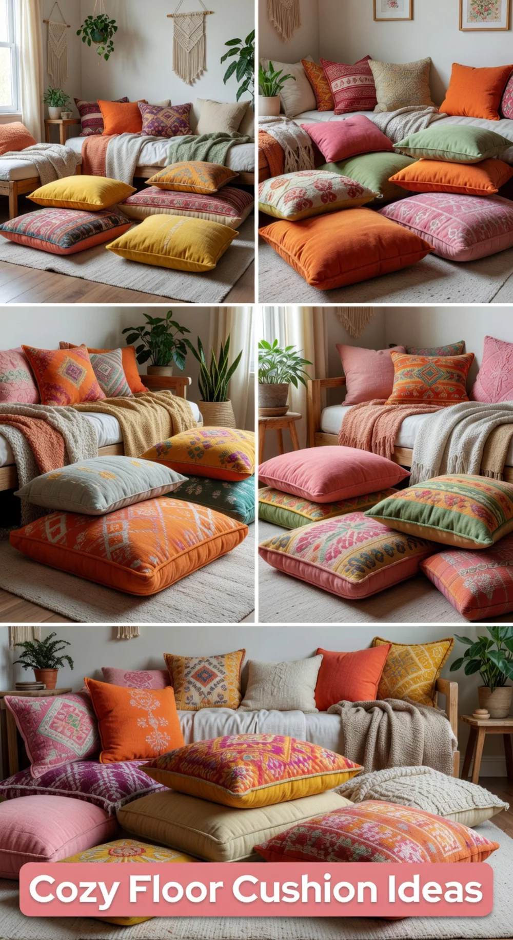Boho Bedroom Floor Cushion Seating Area with Layered Patterned Pillows